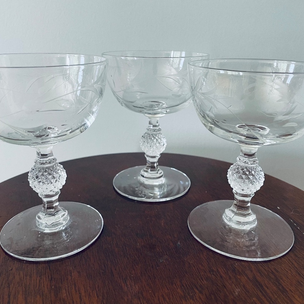 Vintage Imperial champagne or Sherbet glasses, Vintage Etched Champagne Glasses